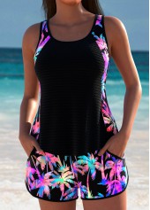 Mid Waisted Tropical Plants Print Black Tankini Set | thumb picture 