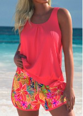 Mid Waisted Tropical Plants Print Hot Pink Tankini Set | thumb picture 