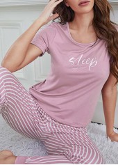 Pink Letter Print Short Sleeve Lounge Top and Pants