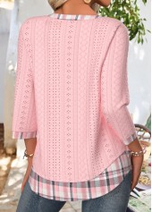 Light Pink Plaid 3/4 Sleeve Split Neck T Shirt | thumb picture 