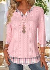 Light Pink Plaid 3/4 Sleeve Split Neck T Shirt