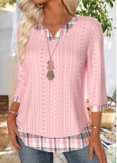 Light Pink Plaid 3/4 Sleeve Split Neck T Shirt | thumb picture 