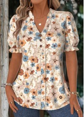 Beige Floral Print Short Sleeve Stand Collar Blouse