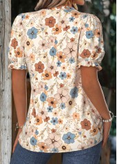 Beige Floral Print Short Sleeve Stand Collar Blouse | thumb picture 