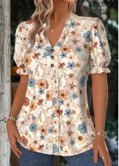 Beige Floral Print Short Sleeve Stand Collar Blouse | thumb picture 