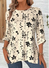 Beige Floral Print Long Sleeve Round Neck Blouse