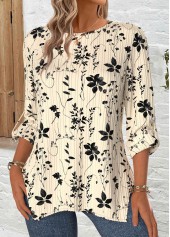 Beige Floral Print Long Sleeve Round Neck Blouse | thumb picture 