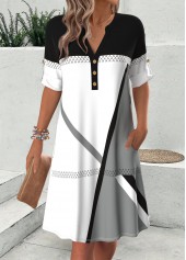 Multi Color Geometric Print Short Sleeve Split Neck Dress