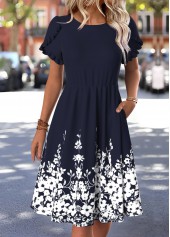 Navy Tummy Coverage Floral Print Short Sleeve Dress