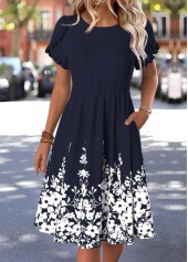 Navy Tummy Coverage Floral Print Short Sleeve Dress | thumb picture 