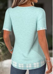 Cyan Plaid Short Sleeve Split Neck T Shirt | thumb picture 