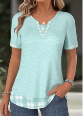 Cyan Plaid Short Sleeve Split Neck T Shirt