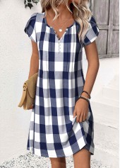 Blue Plaid Short Split Neck Dress
