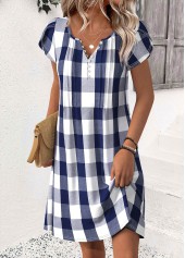 Blue Plaid Short Split Neck Dress | thumb picture 