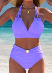 Mid Waisted Patchwork Purple Bikini Set