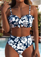 Mid Waisted Floral Print Blue Bikini Set