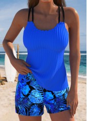 Mid Waisted Leaf Print Blue Tankini Set