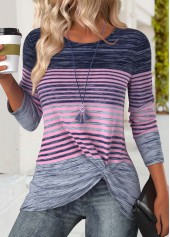 Purple Striped Long Sleeve Round Neck T Shirt