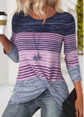 Purple Striped Long Sleeve Round Neck T Shirt | thumb picture 