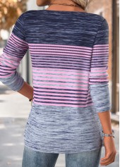 Purple Striped Long Sleeve Split Neck T Shirt | thumb picture 