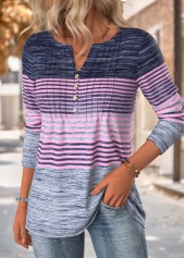 Purple Striped Long Sleeve Split Neck T Shirt | thumb picture 