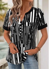 Black Geometric Print Short Sleeve Split Neck Blouse | thumb picture 