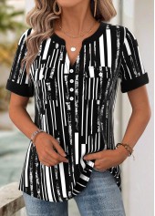 Black Geometric Print Short Sleeve Split Neck Blouse