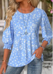 Blue Ditsy Floral Print 3/4 Sleeve Round Neck Blouse
