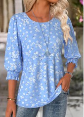 Blue Ditsy Floral Print 3/4 Sleeve Round Neck Blouse | thumb picture 
