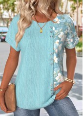 Blue Floral Print Short Sleeve Round Neck T Shirt