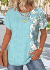 Blue Floral Print Short Sleeve Round Neck T Shirt | thumb picture 