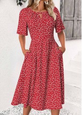 Red Polka Dot Short Sleeve Round Neck Dress