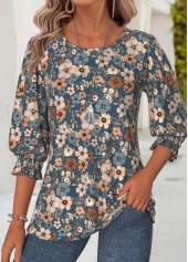 Multi Color Floral Print 3/4 Sleeve Round Neck Blouse
