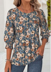 Multi Color Floral Print 3/4 Sleeve Round Neck Blouse | thumb picture 