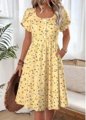 Yellow Ditsy Floral Print Short Sleeve Boat Neck Dress
