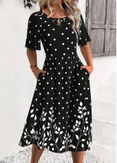 Black Polka Dot Half Sleeve Round Neck Dress