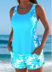 Mid Waisted Tropical Plants Print Cyan Tankini Set | thumb picture 