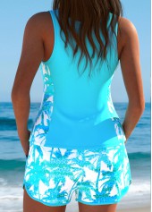 Mid Waisted Tropical Plants Print Cyan Tankini Set | thumb picture 