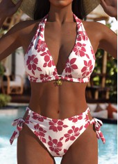 High Waisted Floral Print Hot Pink Bikini Set