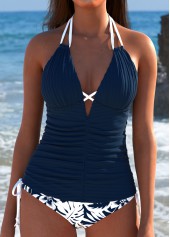 High Waisted Tropical Plants Print Navy Tankini Set