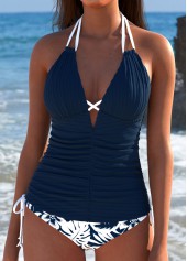 High Waisted Tropical Plants Print Navy Tankini Set | thumb picture 