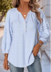 Blue Striped 3/4 Sleeve Split Neck Blouse