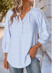 Blue Striped 3/4 Sleeve Split Neck Blouse | thumb picture 