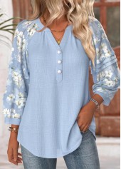 Blue Floral Print 3/4 Sleeve Split Neck Blouse