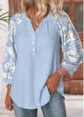 Blue Floral Print 3/4 Sleeve Split Neck Blouse | thumb picture 