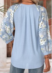 Blue Floral Print 3/4 Sleeve Split Neck Blouse | thumb picture 