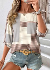 Light Coffee Geometric Print 3/4 Sleeve Round Neck Blouse