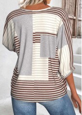 Light Coffee Geometric Print 3/4 Sleeve Round Neck Blouse | thumb picture 