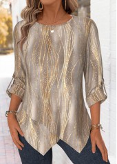 Gray Brown Ombre Long Sleeve Round Neck Blouse
