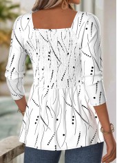 White Geometric Print Long Sleeve Square Neck Blouse | thumb picture 